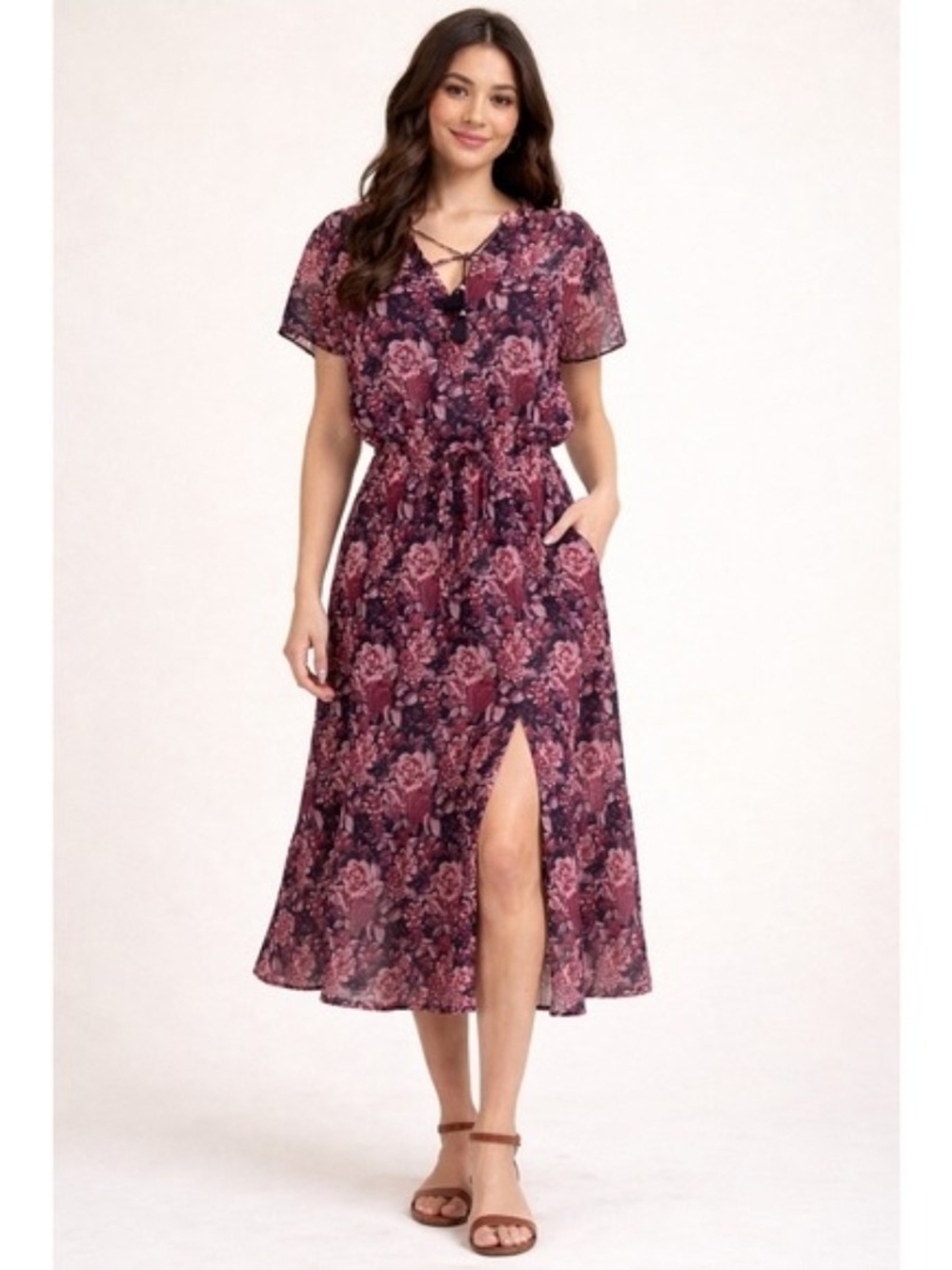PAIGE Lyndie Floral Split Neck Midi Dress Black & Pink Tie Waist Womens Large